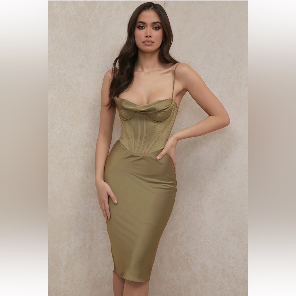 HOUSE OF CB 'Myrna' Olive Corset Slip Dress /Size S US 4-6/
